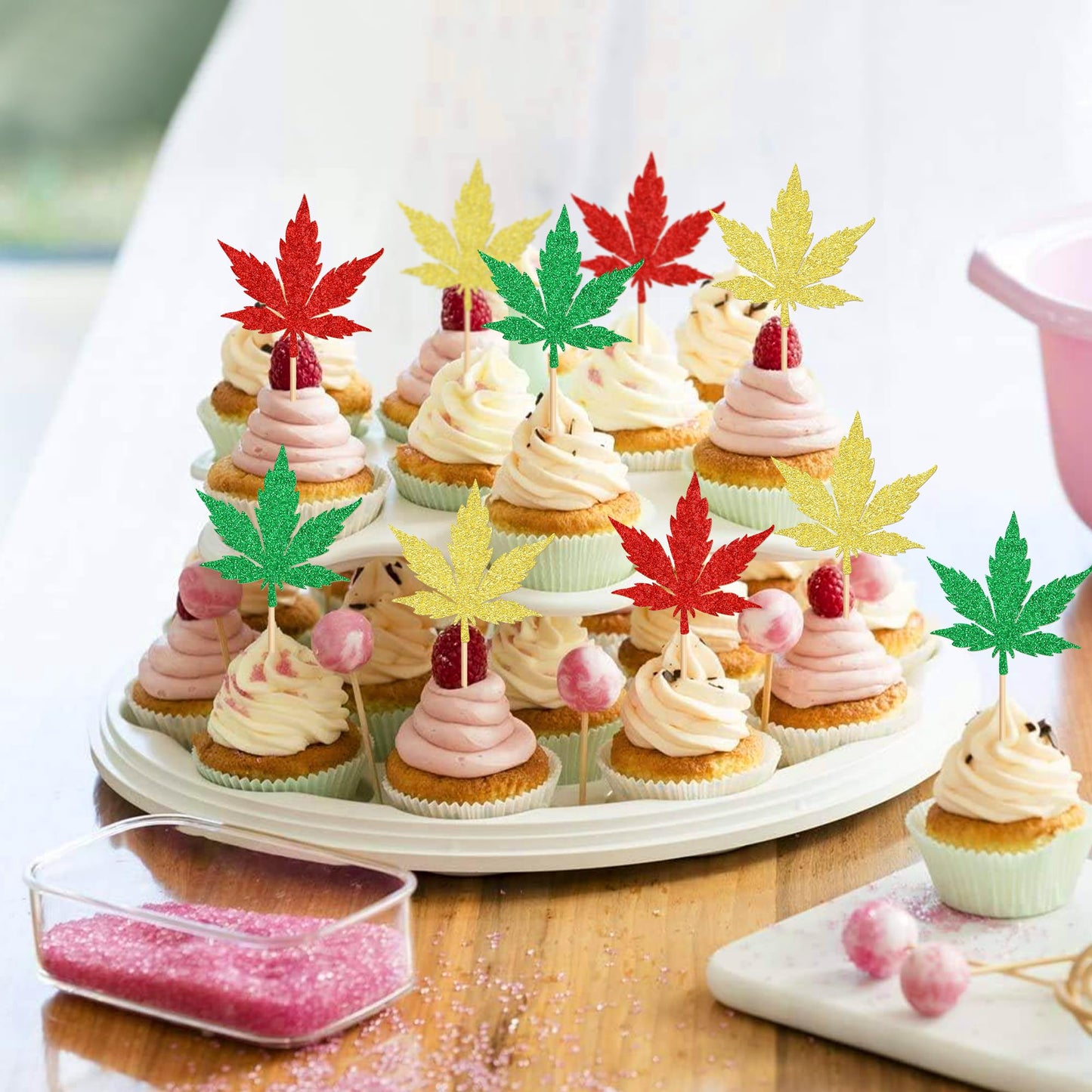 Ercadio 24 Pcs Cupcake Toppers - Green Red Glitter Birthday Party Decorations