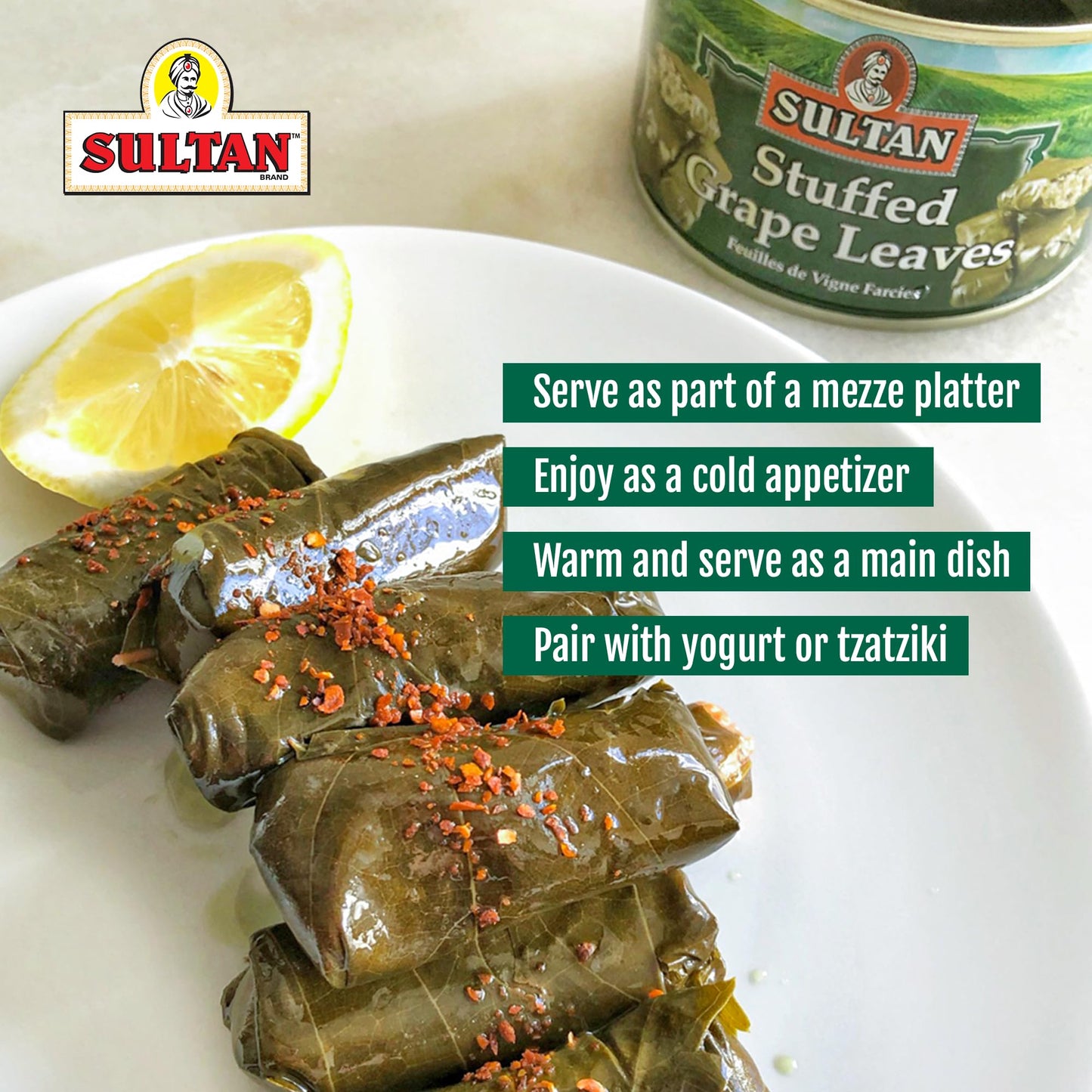 Sultan Vegetarian Stuffed G  Leaves Dolma, 14 oz, Green, Precooked Appetizer or Entree, Perfect for Mezze Platter