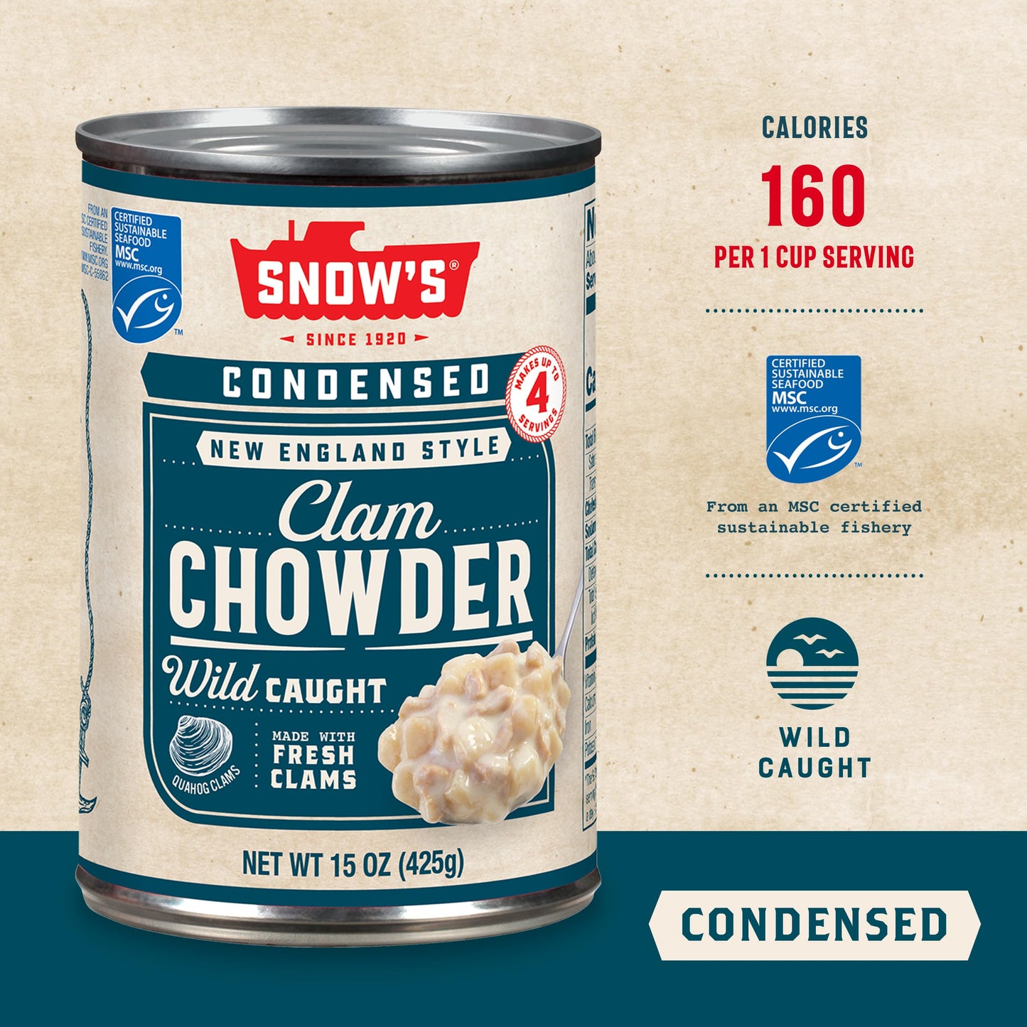Snows Condensed New England Clam Chowder 15 Oz Can (Pack Of 12) - 4G Protein Per Serving - Authentic New England Style Recipe
