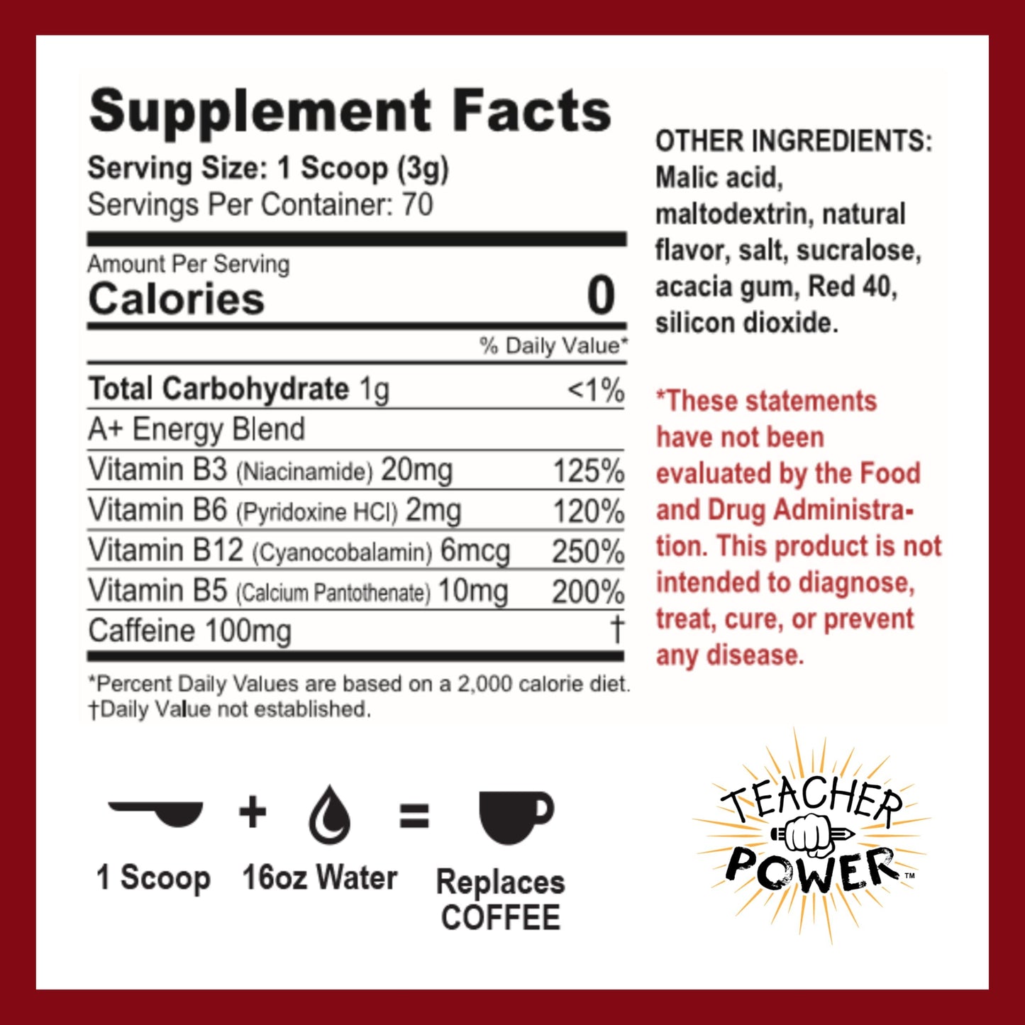 TEACHER POWER Energy Drink - Sugar Free Black Cherry, 70 Servings, 7.5 Ounce