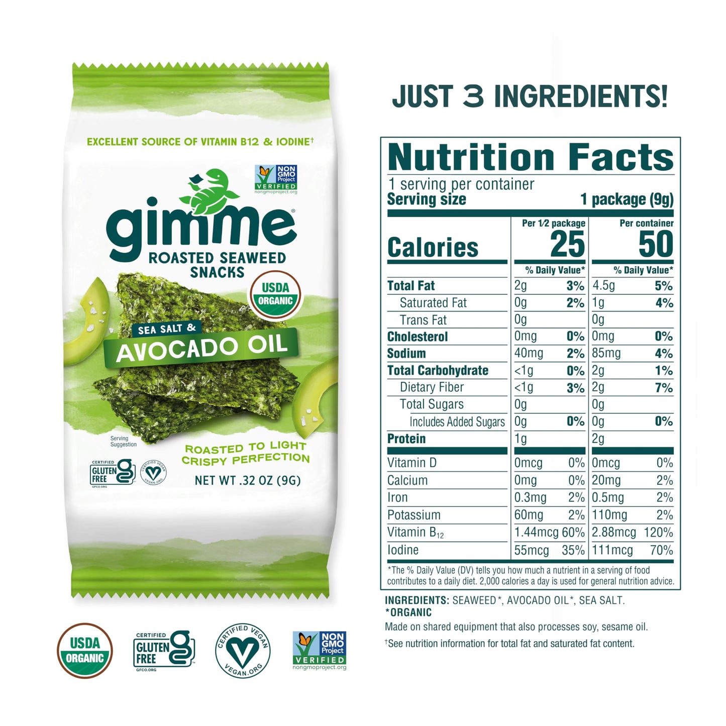 Gimme Seaweed - Sea Salt & Avocado Oil - 12 Count Sharing Size - Organic Roasted Sheets, Keto, Vegan, Gluten Free - Great Source