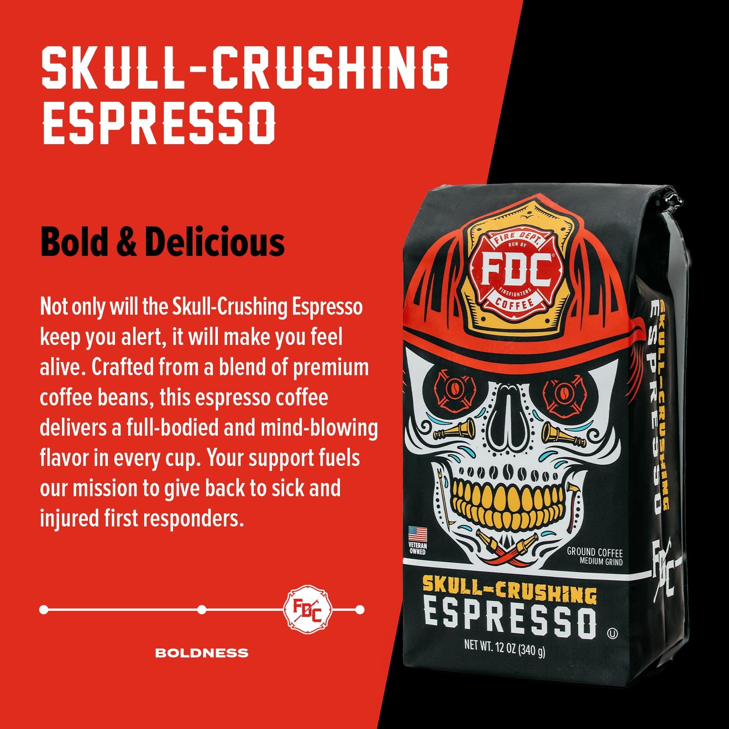 Fire Department Coffee Skull Crushing Espresso Beans - 12 oz Whole Bean - Veteran Owned, Roasted in the USA