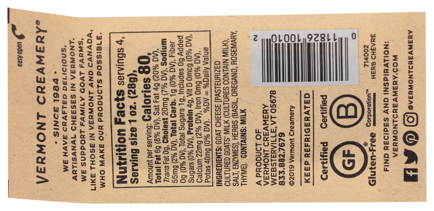 Vermont Creamery, Chvre with Herbs, Log, 4 oz