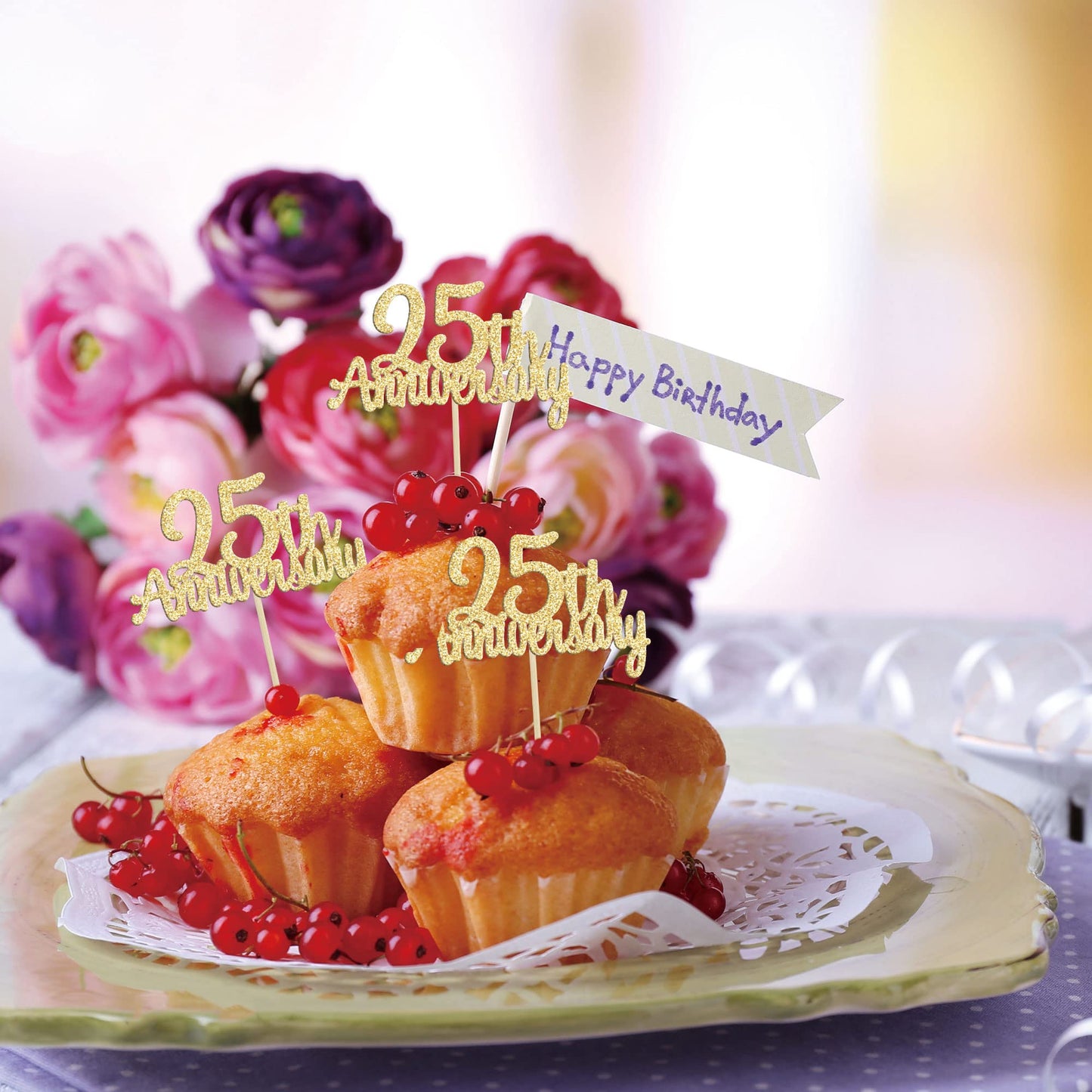 Gyufise 24Pcs 25Th Anniversary Cupcake Toppers Gold Glitter Cheers To 25 Years Wedding Twenty Five Anniversary Cupcake Picks For