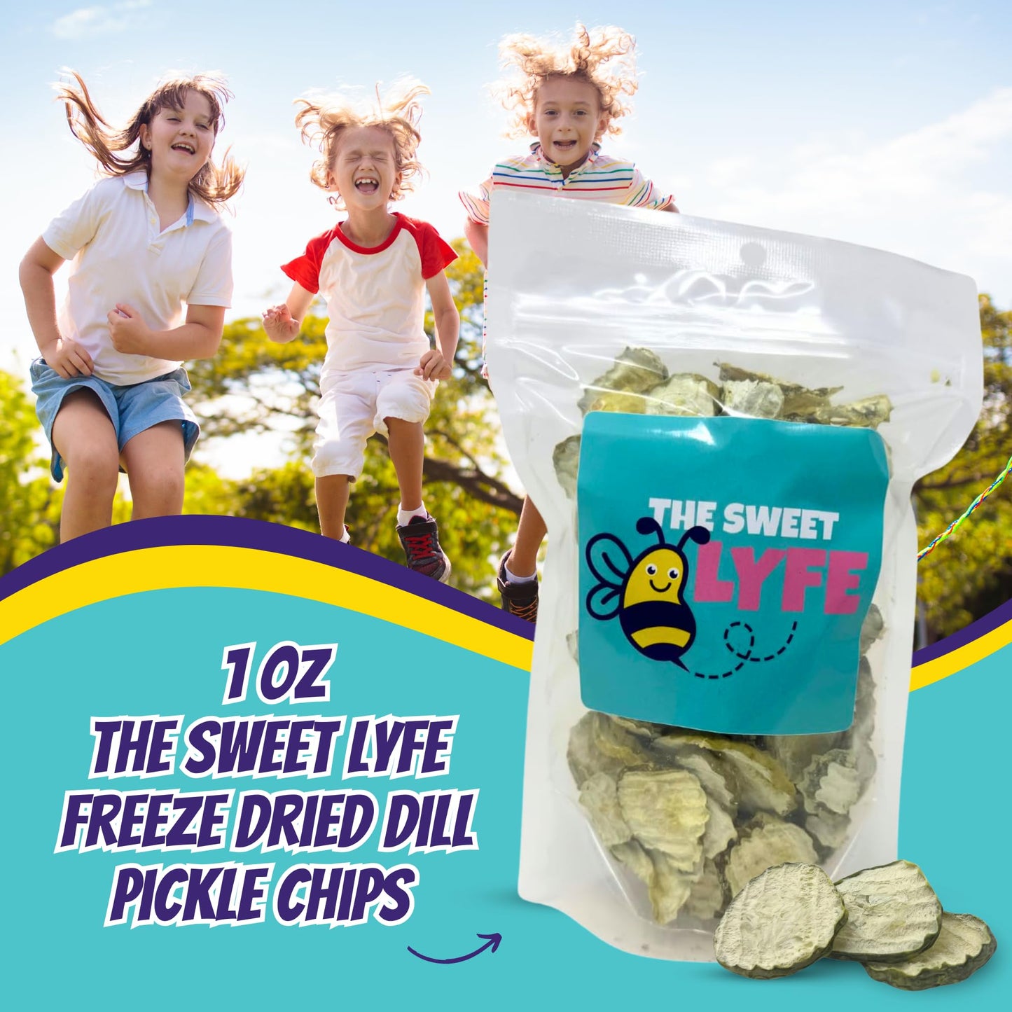 The Sweet Lyfe Freeze Dried Dill Pickle Chips. Includes One-1 Oz Bag Of The Sweet Lyfe Freeze Dried Pickles Chips Snacks. Crunch