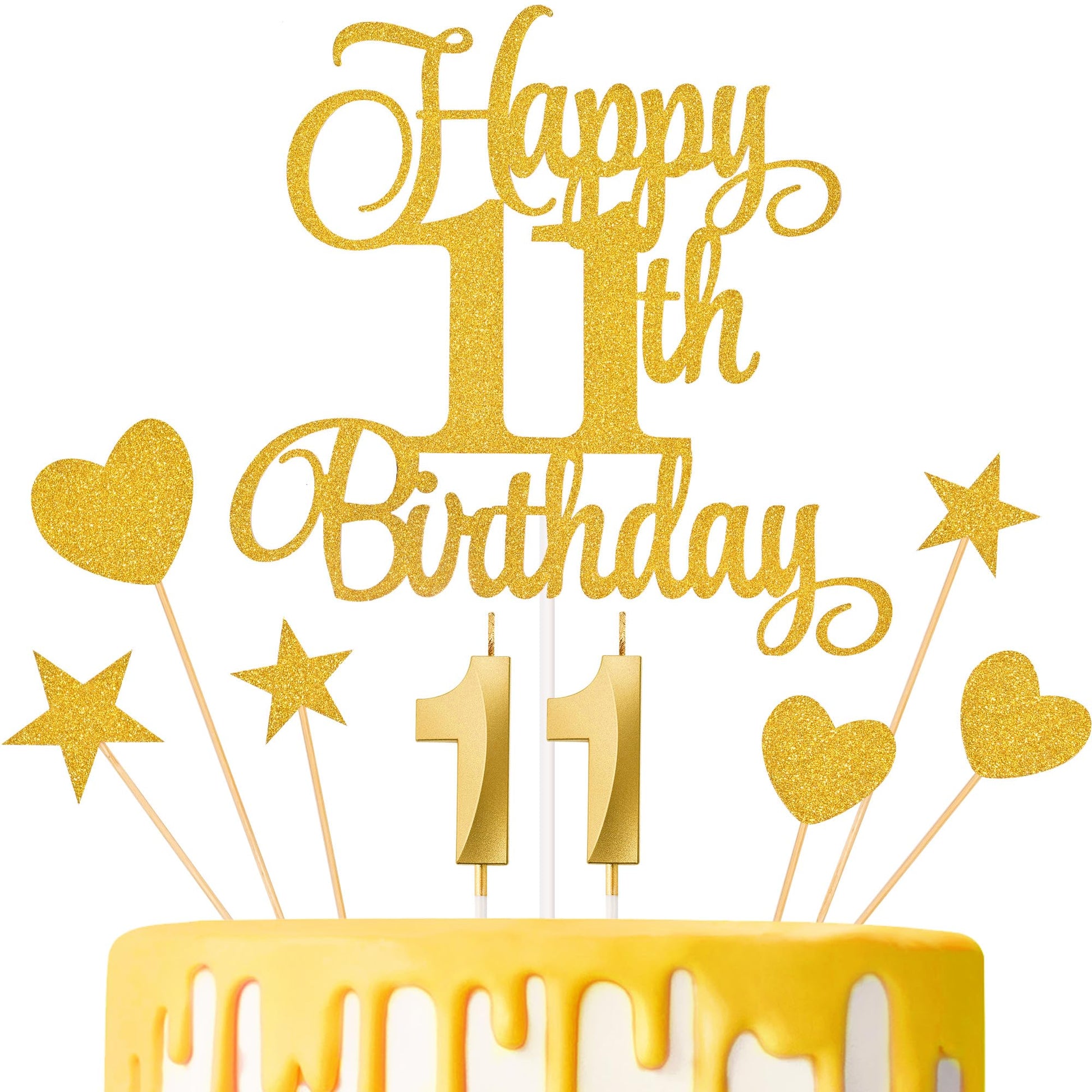 Lecferrarc 11th Birthday Cake Decorations Set, Gold Glitter Happy 11th Birthday Candles and Toppers, Paper Material