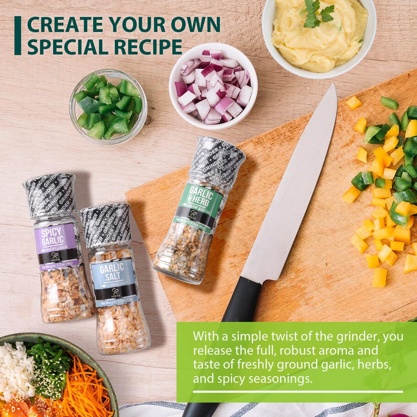 Soeos Spice Seasoning Set of 3 with Integrated Grinders, Spicy Garlic, Garlic & Herbs, Garlic Salt, Seasoning Gift Set.