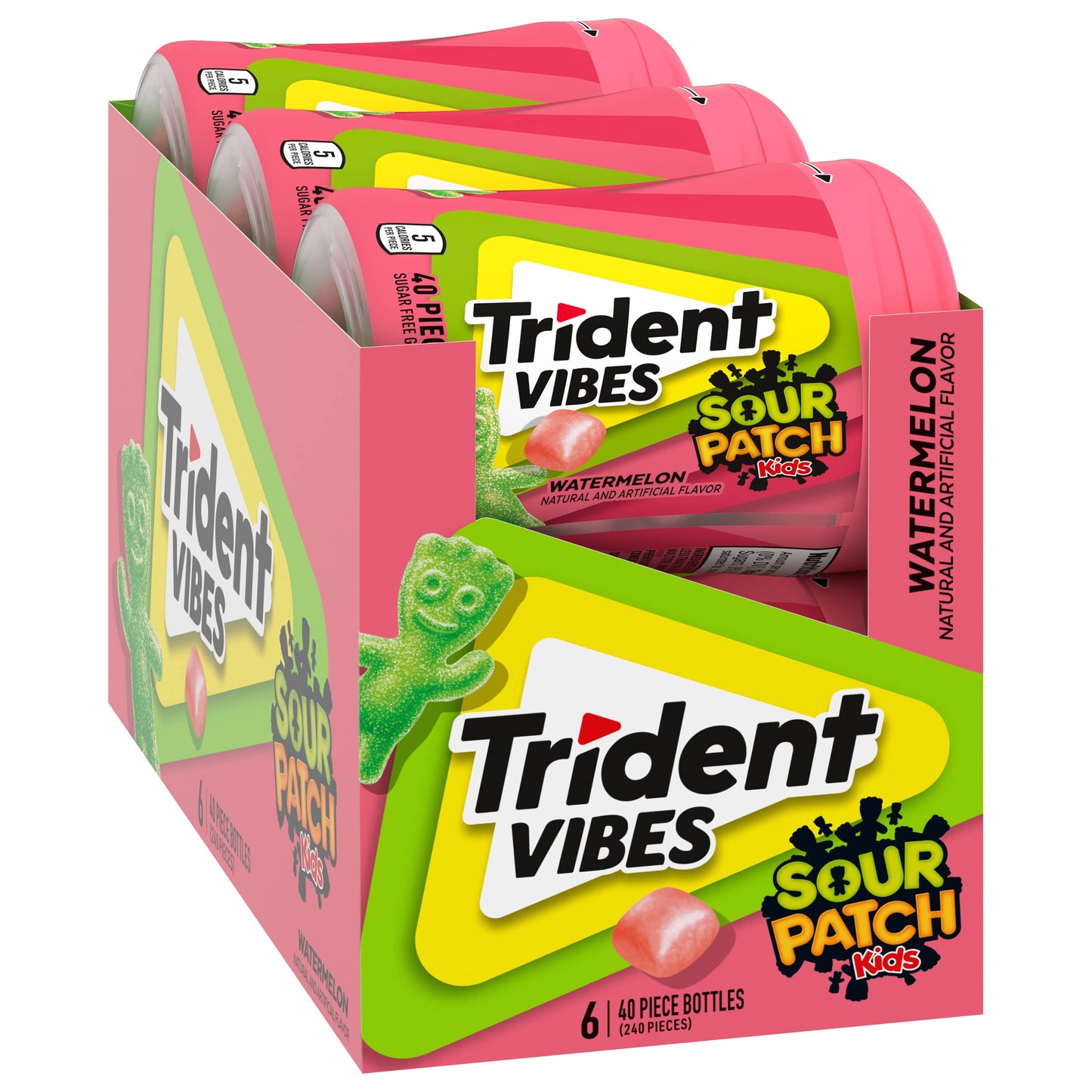 Trident Vibes SOUR PATCH KIDS Watermelon Sugar Free Gum, 240 Pieces, 6 Bottles, Crunchy