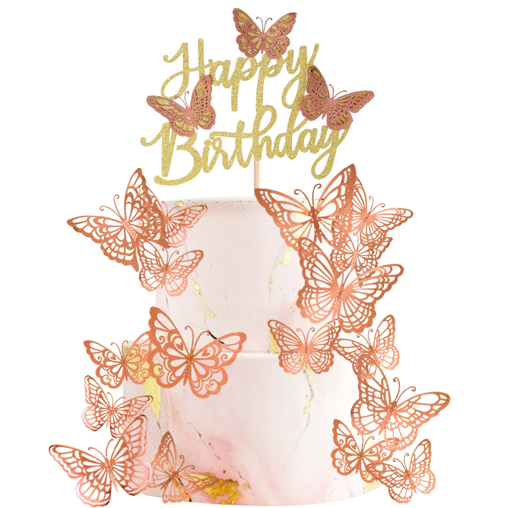 Rsstarxi Butterfly Cake Toppers - 25 Pack Glitter Happy Birthday 3D Cupcake Toppers - Rose Gold - Model XM266
