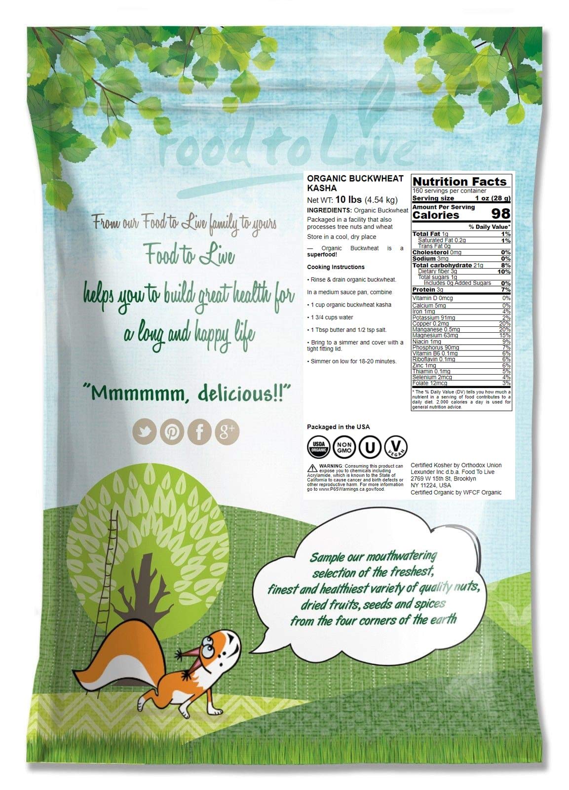 Food To Live Organic Buckwheat Kasha (Grechka, Toasted Whole Groats, Non-Gmo, Kosher, Sirtfood, Bulk) By Food To Live — 10 Pounds