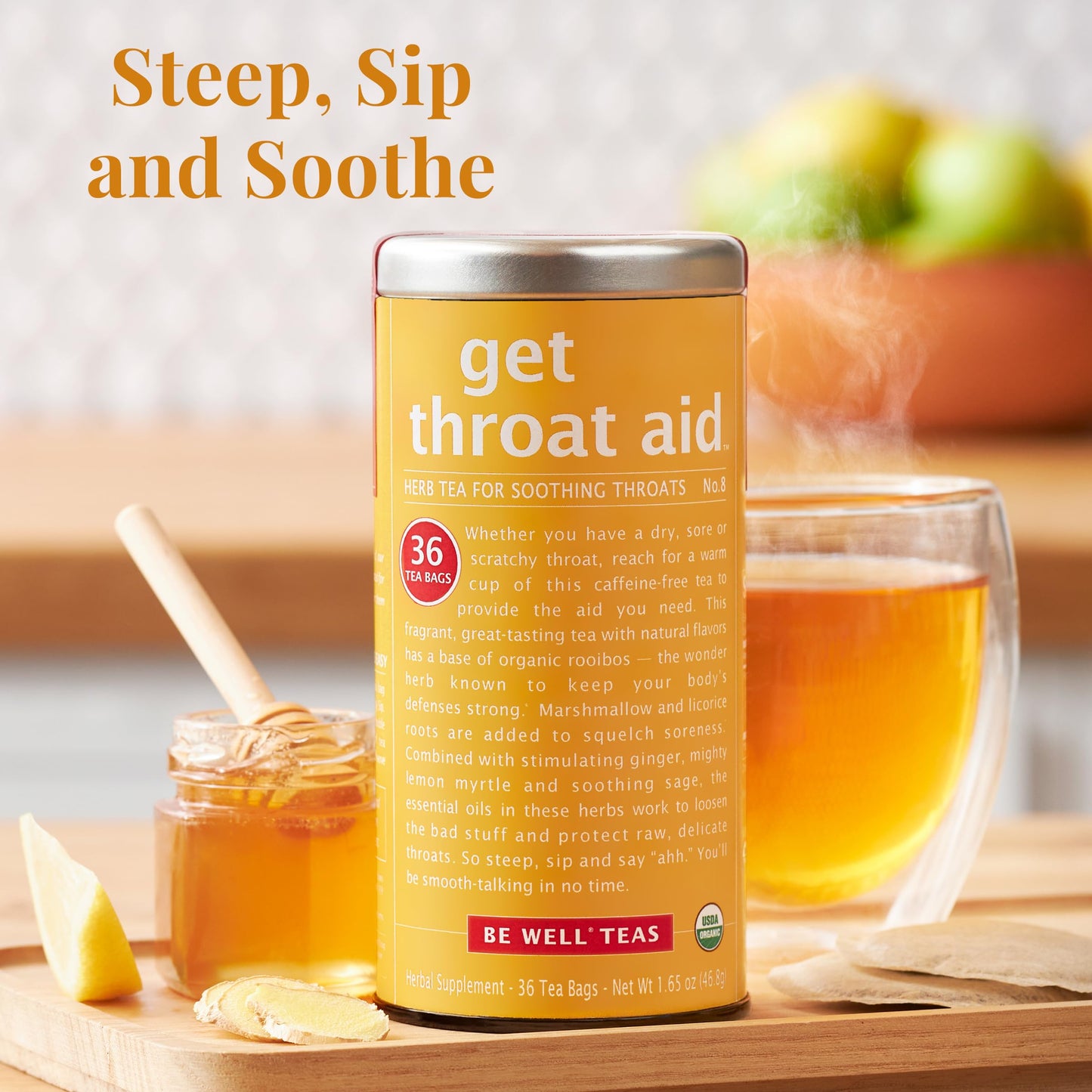 The Republic of Tea Organic Get Throat Aid Herb Tea Tin - 36 Tea Bags, Naturally Caffeine Free