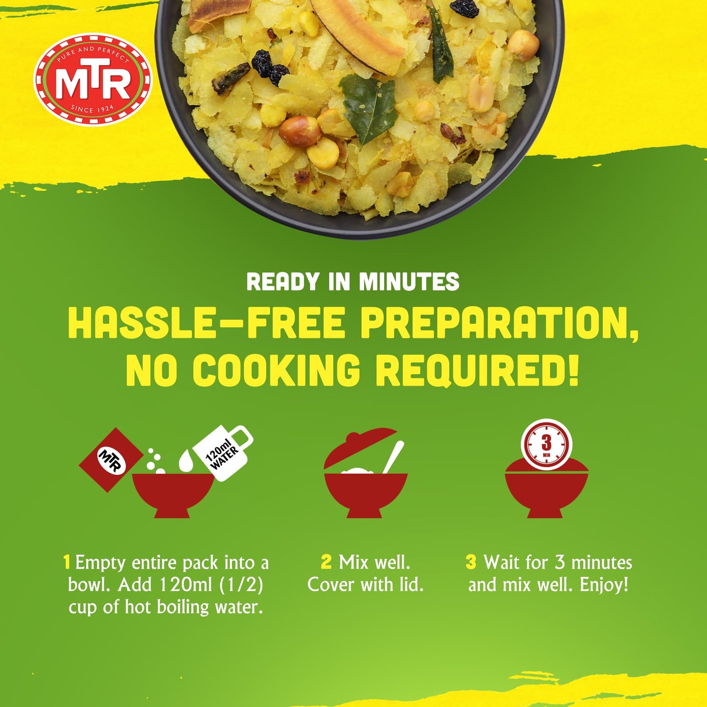 MTR 3minute Poha - Ready-to-Cook Mix - Authentic Indian Food in Just 3 Minutes - 100% Vegetarian - No Added Preservatives - Just