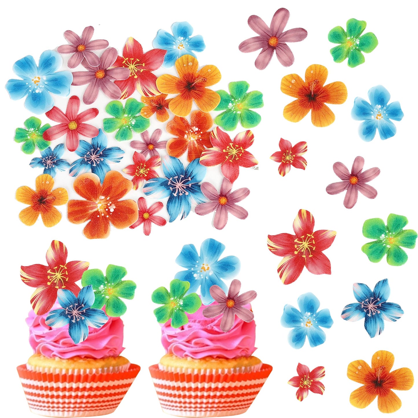 Rsstarxi 72 Pack Edible Hawaii Flowers Cake Decorations, Rice Paper Toppers for Cakes & Cupcakes, Design 9