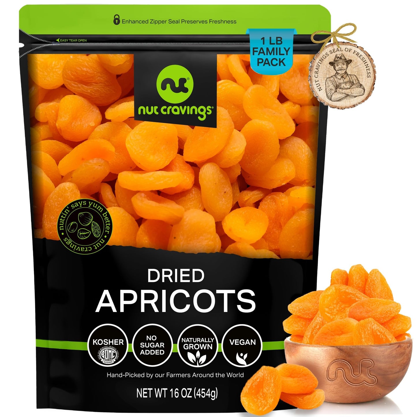 NUT CRAVINGS - Sun Dried Turkish Apricots, No Sugar Added, Unsweetened (16oz, 1 LB) Bulk Dry Fruits Packed Fresh in Resealable B