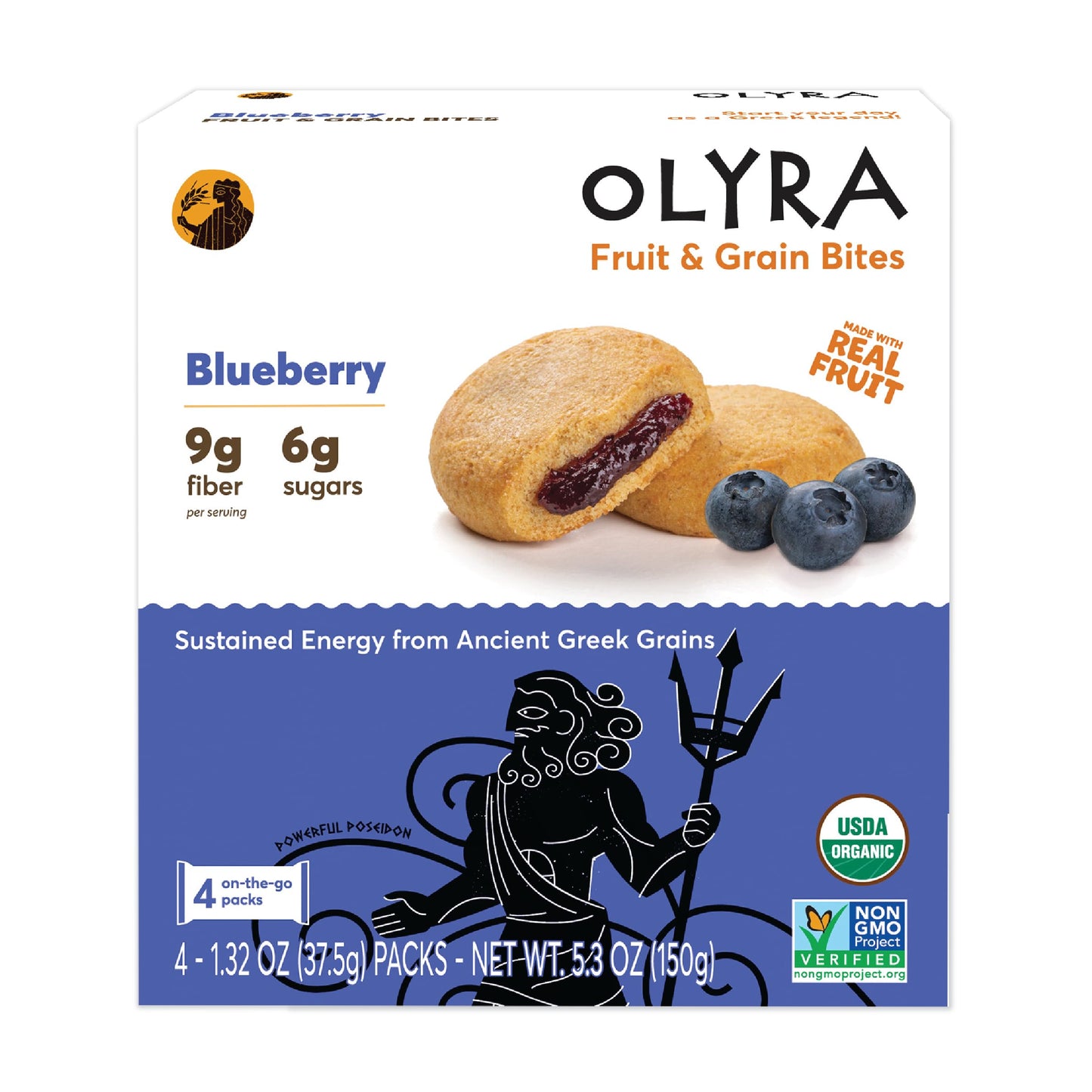 Olyra Blueberry Organic Fruit Bars  Prebiotic High Fiber Snack  Gut Health  Fruit Filled & Whole Grain Bites  Kids Healthy Snacks  Low Sugar  Vegan  USDA Certified Organic  Non GMO (Pack of 4)