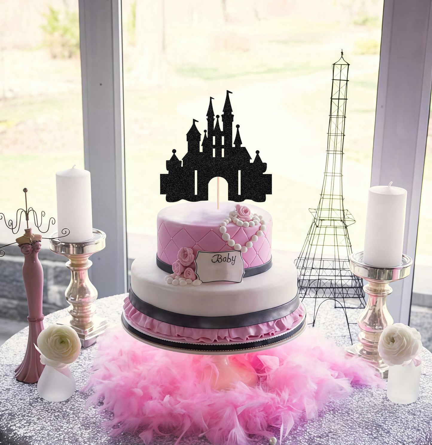 EONNCNT Castle Cake Topper - Black Glitter Cardboard Decoration for Birthday, Baby Shower, Photo Booth Props