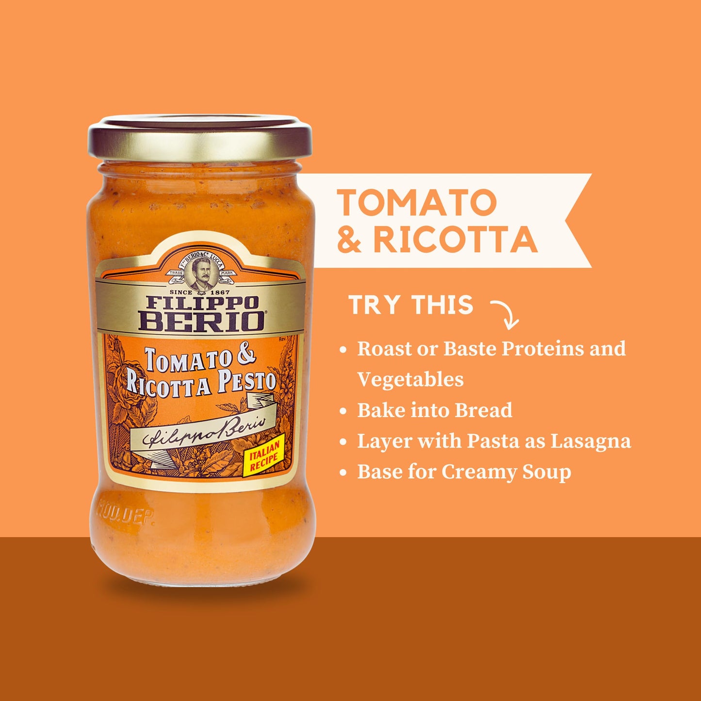 Filippo Berio Pesto, Tomato & Ricotta, 6.7 Ounce Glass Jar