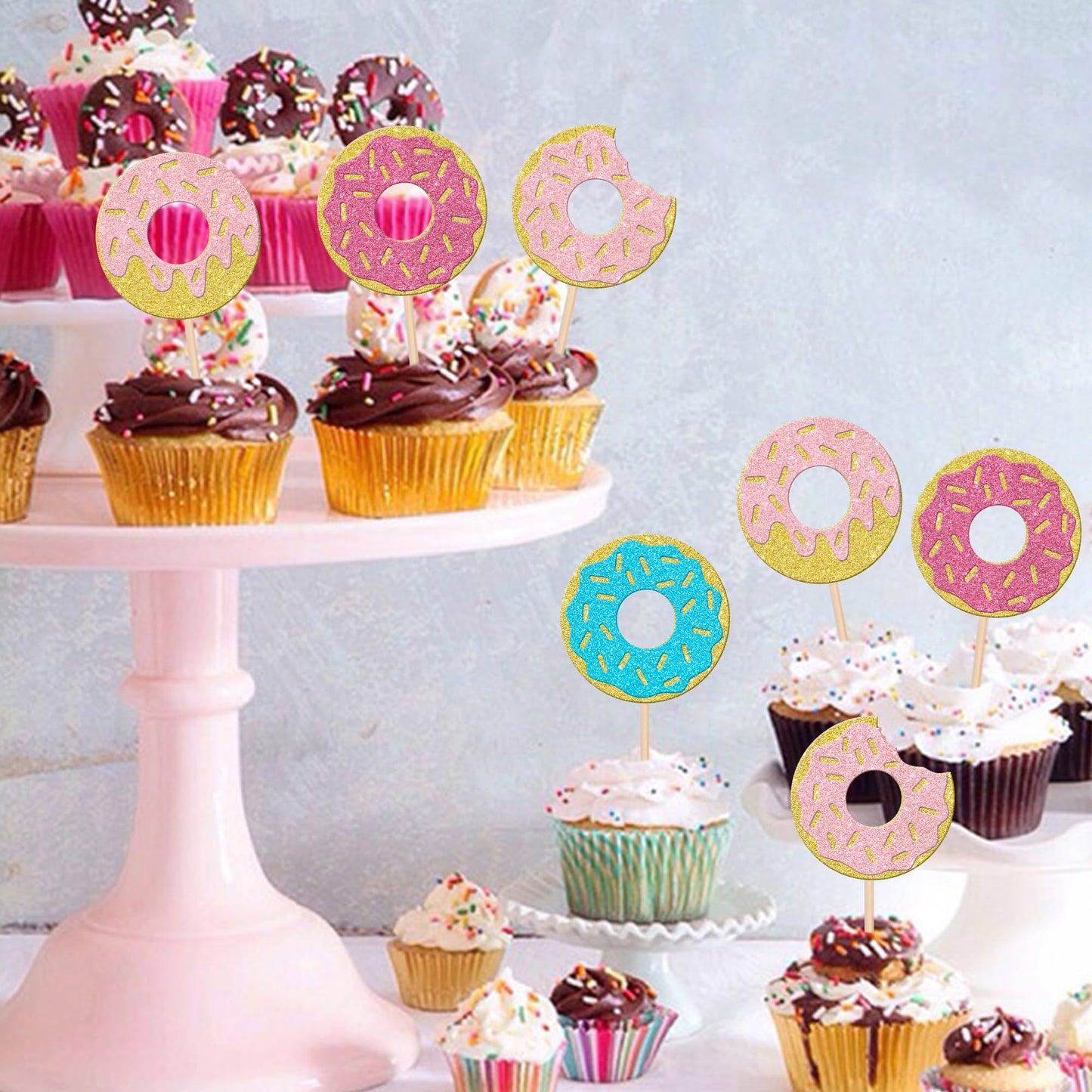 24 Pcs Donut Cupcake Toppers Glitter Super Sweet Donuts Cupcake Picks Donut Party Cupcake Decorations For Sweet Theme Celebratin