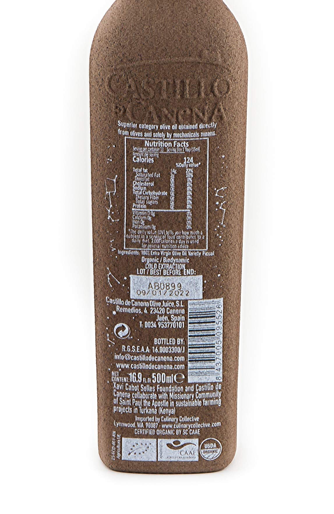 Castillo de Canena Organic Extra Virgin Olive Oil, Cold Pressed, 500ml (16.9oz), Biodynamic, Environmentally Sustainable, Model WF7100160