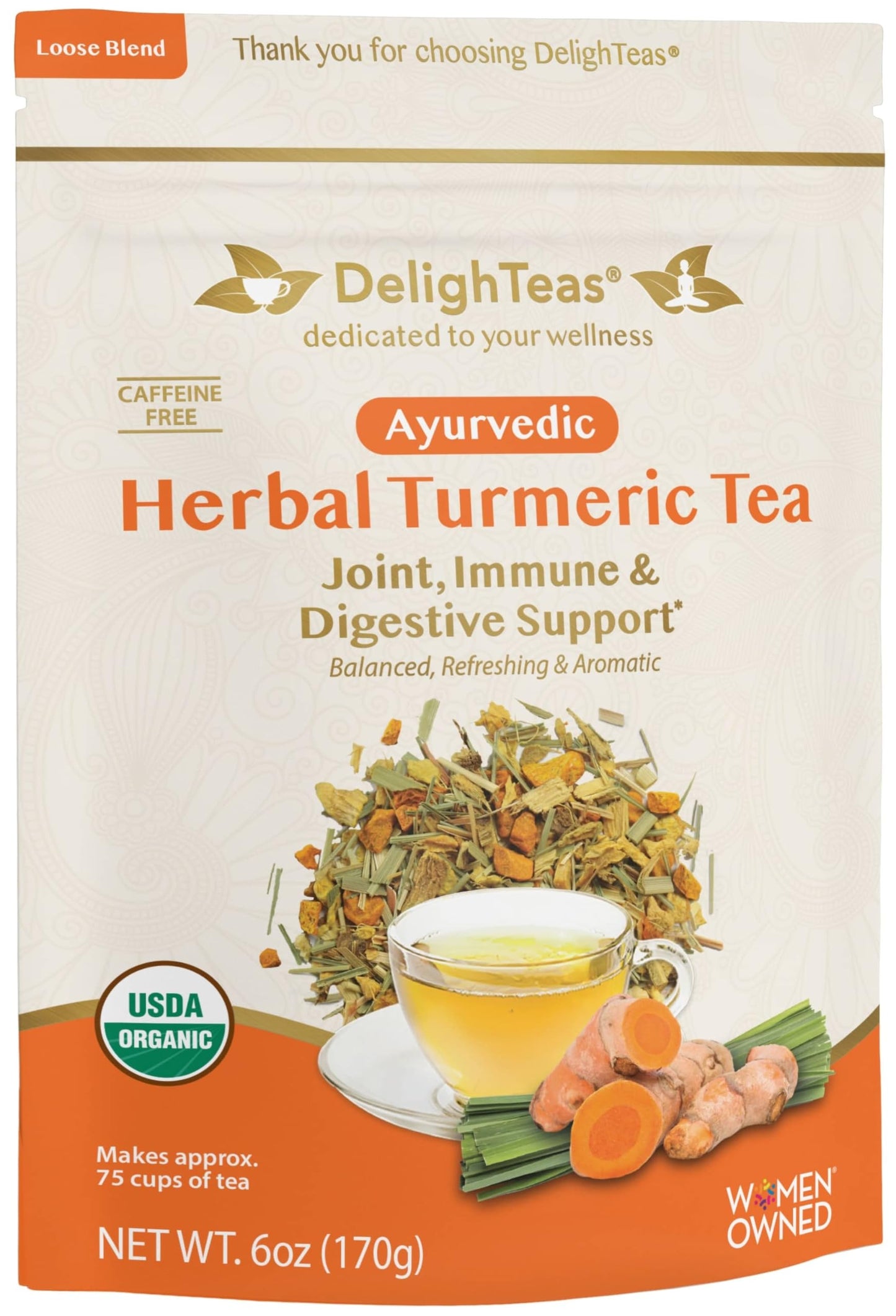 DelighTeas Organic Turmeric Ginger Tea, Herbal Loose Leaf, Non-GMO, Caffeine Free, 6oz, 75 Servings
