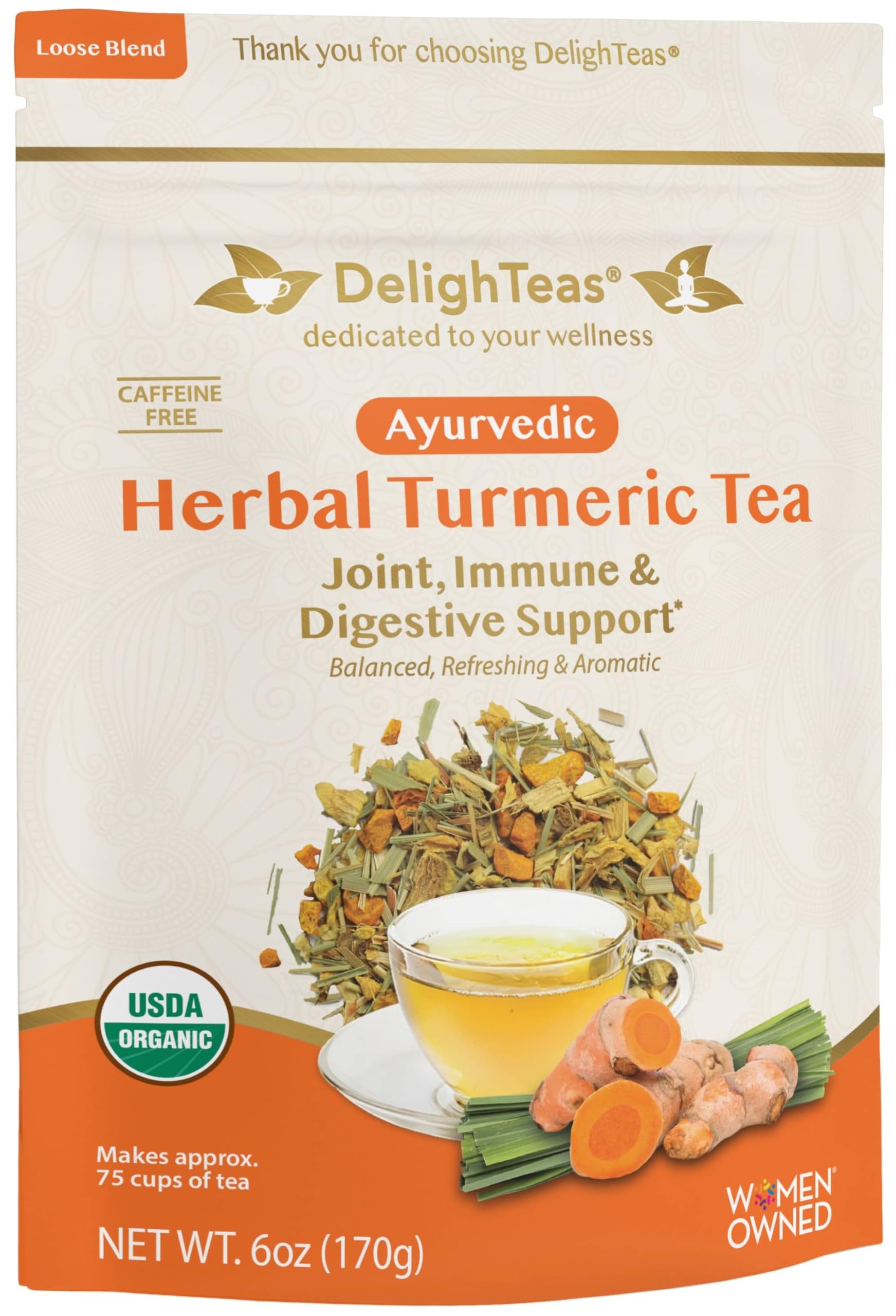 DelighTeas Organic Turmeric Ginger Tea, Herbal Loose Leaf, Non-GMO, Caffeine Free, 6oz, 75 Servings