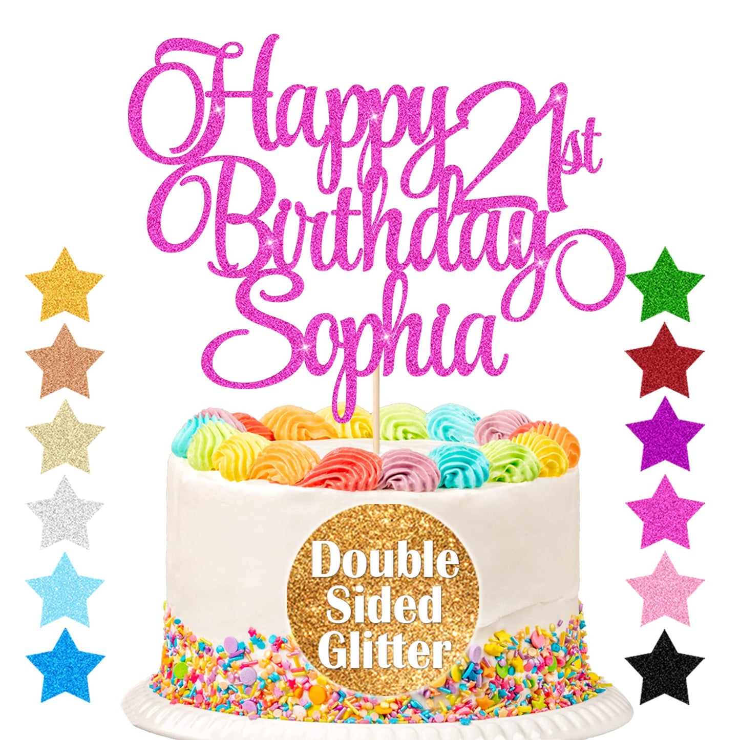 EDSG Happy Birthday Cake Topper, Personalized Double-Sided Glitter, Any Age & Name, Pink