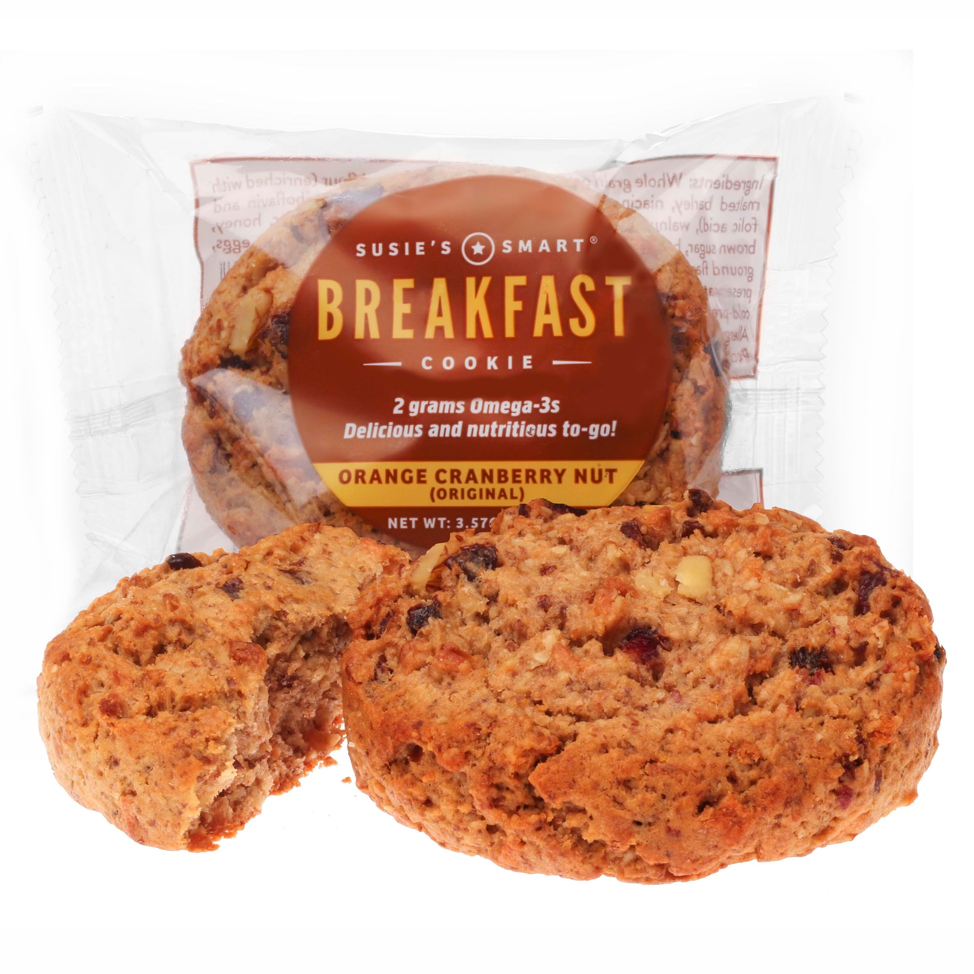 Susies Smart Breakfast Cookie, Orange Cranberry Nut, Omega-3 and Protein-Rich, Soft Chewy Whole Grain Snack, Healthy On-the-Go B