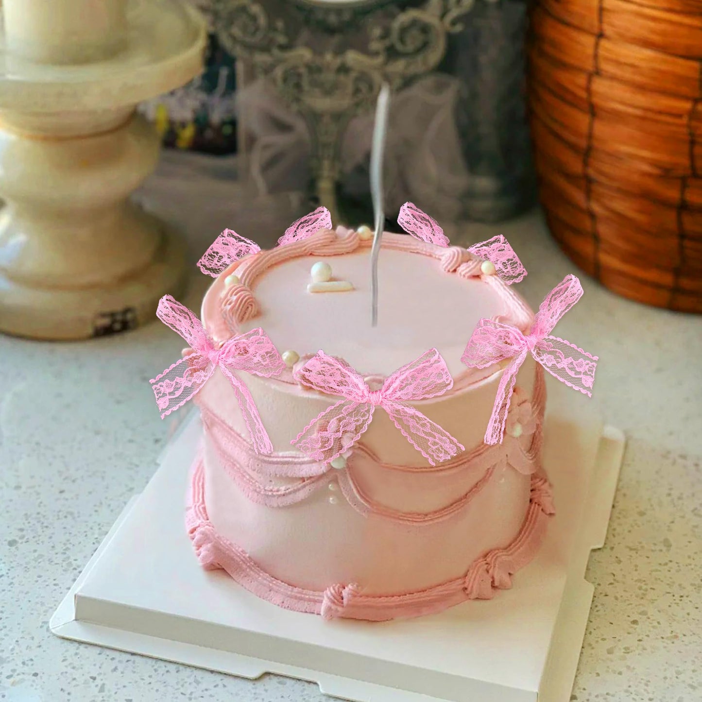 Cyodoos 24Pcs Pink Bow Cupcake Toppers Lace Bowknot Cupcake Toppers Cake Dessert Picks Decoration For Bridal Shower Bachelorette