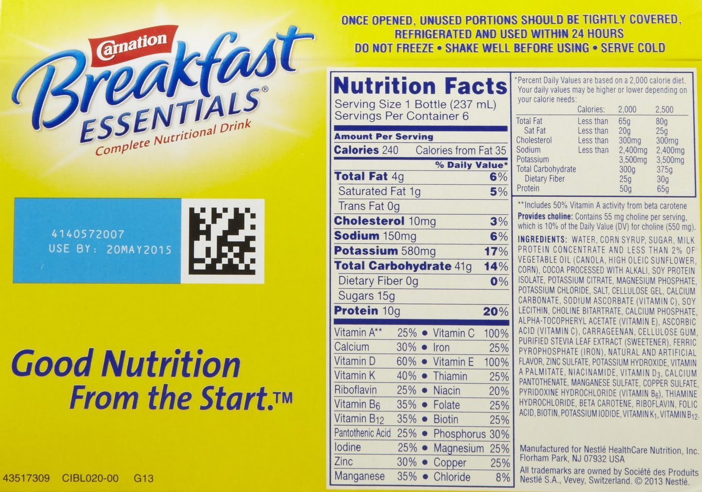 Carnation Breakfast Essentials Ready-to-Drink, Rich Milk Chocolate, 8 Ounce Bottle (Pack of 6) (Packaging May Vary)