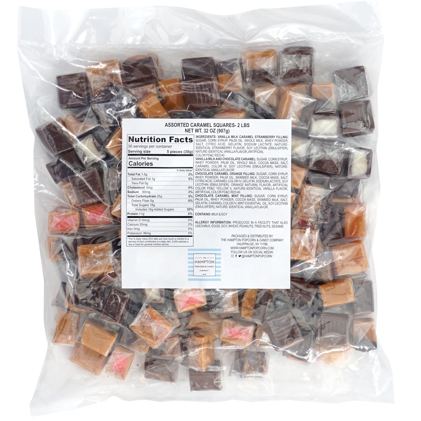 The Hampton Candy Company Assorted Caramel Squares Candy - 2 Pound Bulk Bag, Individually Wrapped, Approximately 125 Pieces