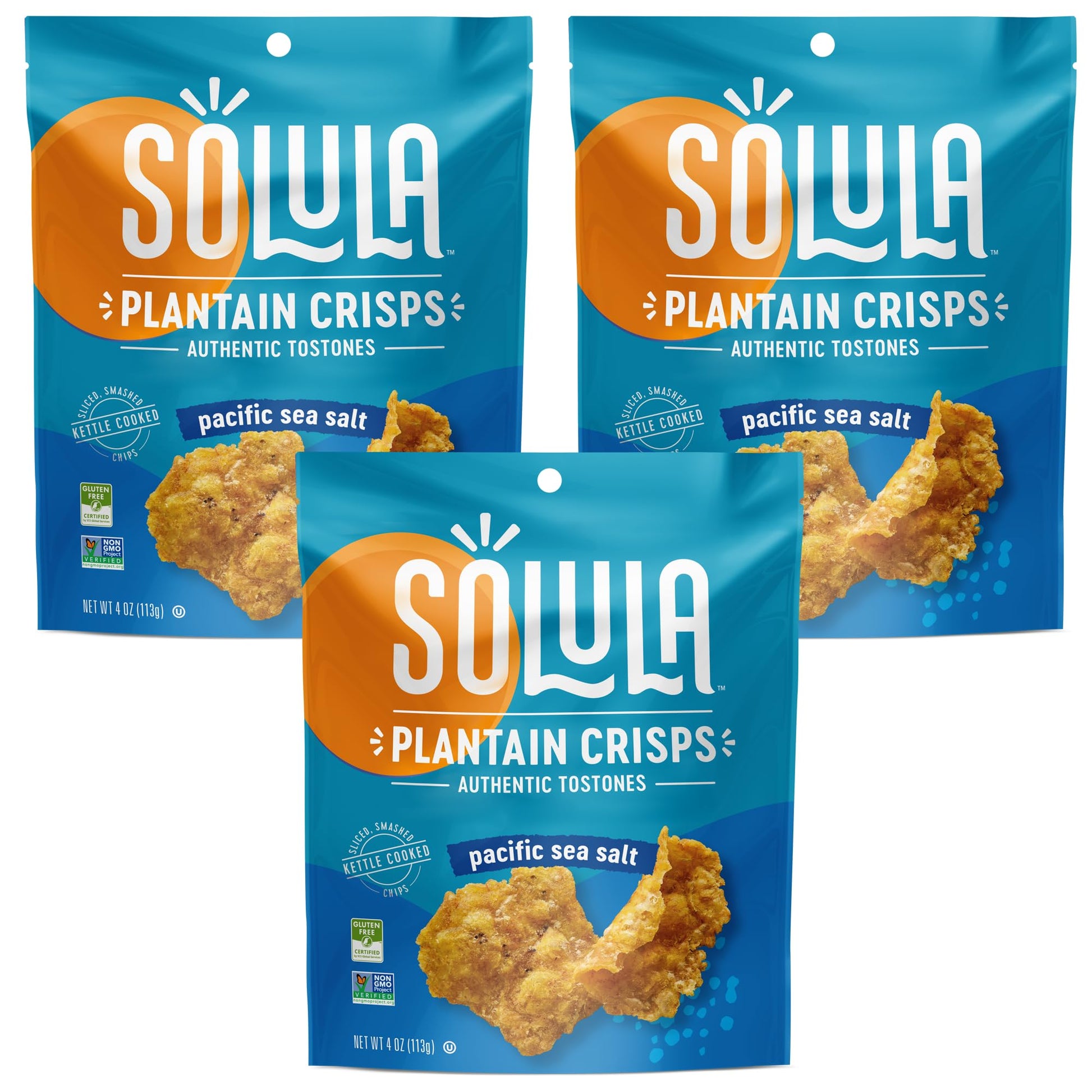 Solula Plantain Crisps Authentic Tostones, Pacific Sea Salt, 4 Ounce (Pack of 3), Kettle Cooked Chips, Gluten Free, Paleo Friend