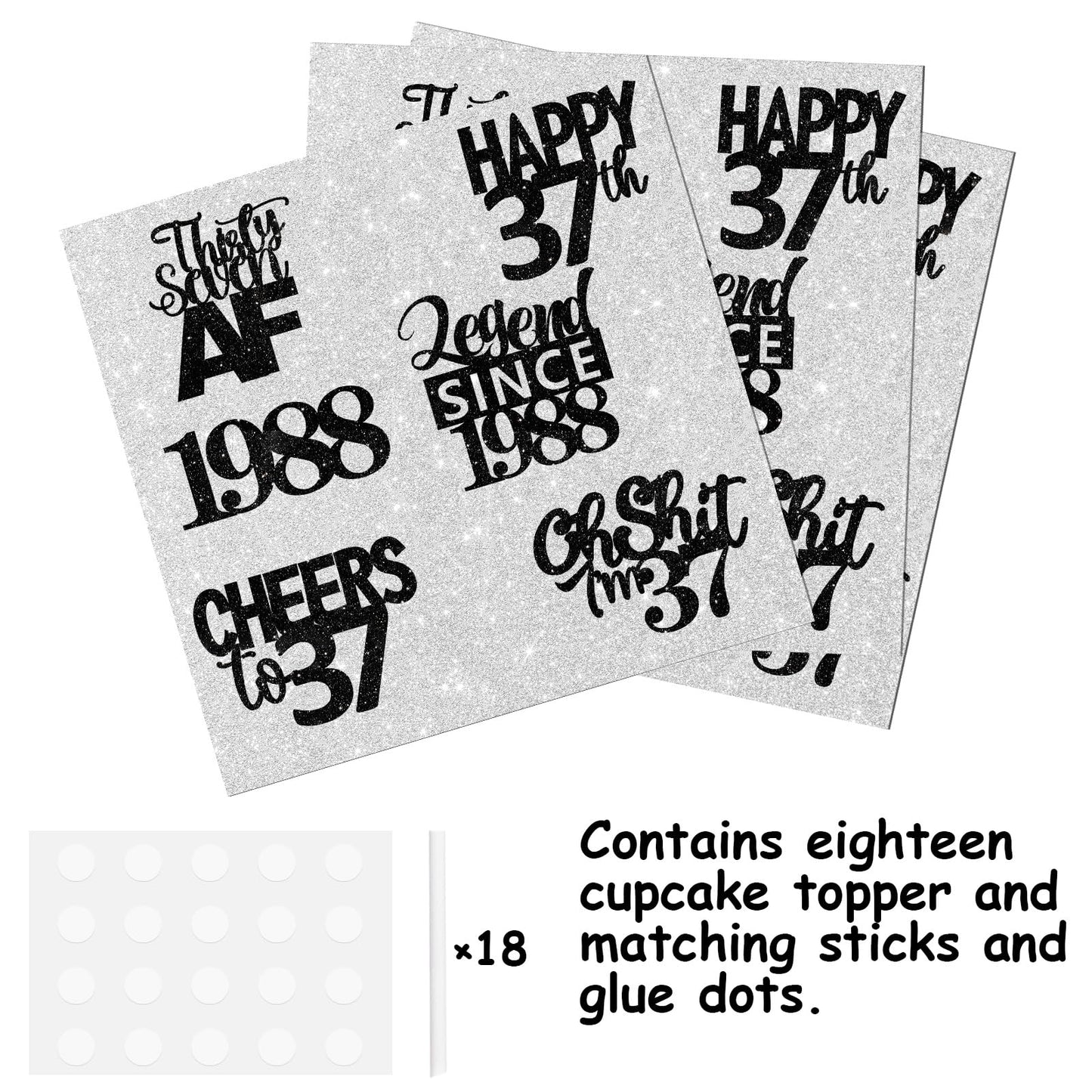 18Pcs Black Glitter Happy 37Th Dessert Cupcake Topper Pick For Funny Legend Since 1998 Theme Decor Supplies Men Women Happy 37 B