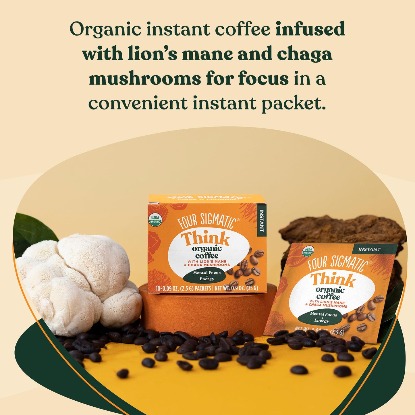 Four Sigmatic Instant Mushroom Coffee Mix with Lions Mane & Chaga, 0.9 oz, 10 Packets, Focus Support, Think W/ Lions Mane
