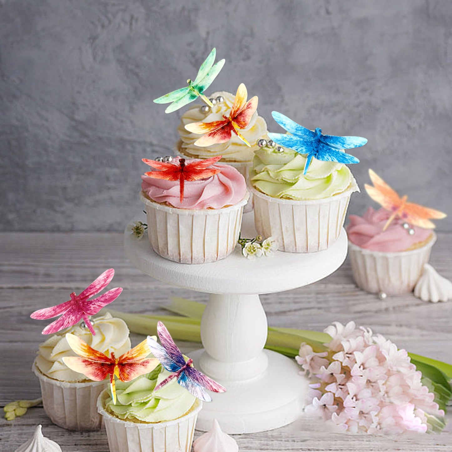 45Pcs Edible Dragonfly Cupcake Toppers Wafer Paper Insect Themed Cake Decoration Drink Topper Wedding Baby Bath Cake Decorations