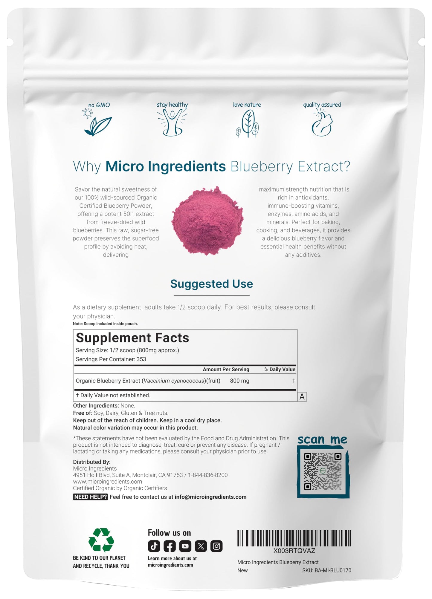 Organic Blueberry Extract Powder, 10oz | 100% Natural Fruit Powder | Freeze-Dried Wild Blueberries Source | No Sugar & Additives