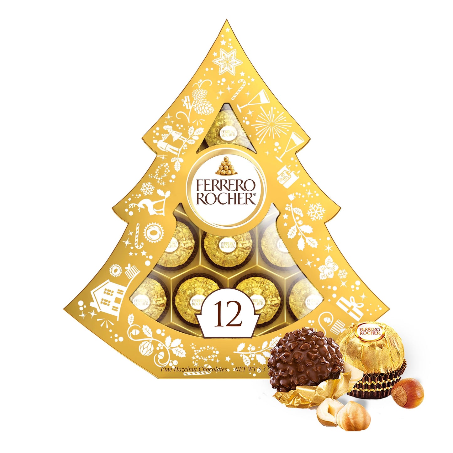 Ferrero Rocher, 12 Count, enhanced Gourmet Milk Chocolate Hazelnut, Luxury Chocolate Holiday Gift, Individually Wrapped, 5.3 Oz