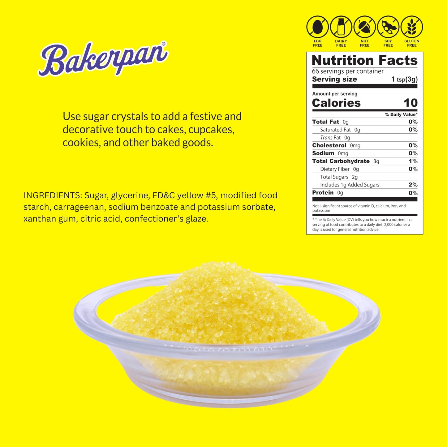 Bakerpan Sugar Sprinkles For Baking - 7 Ounce Lemon Yellow Decorating Sugar Crystals For Cookies, Cake Pops, Ice Cream (Made In