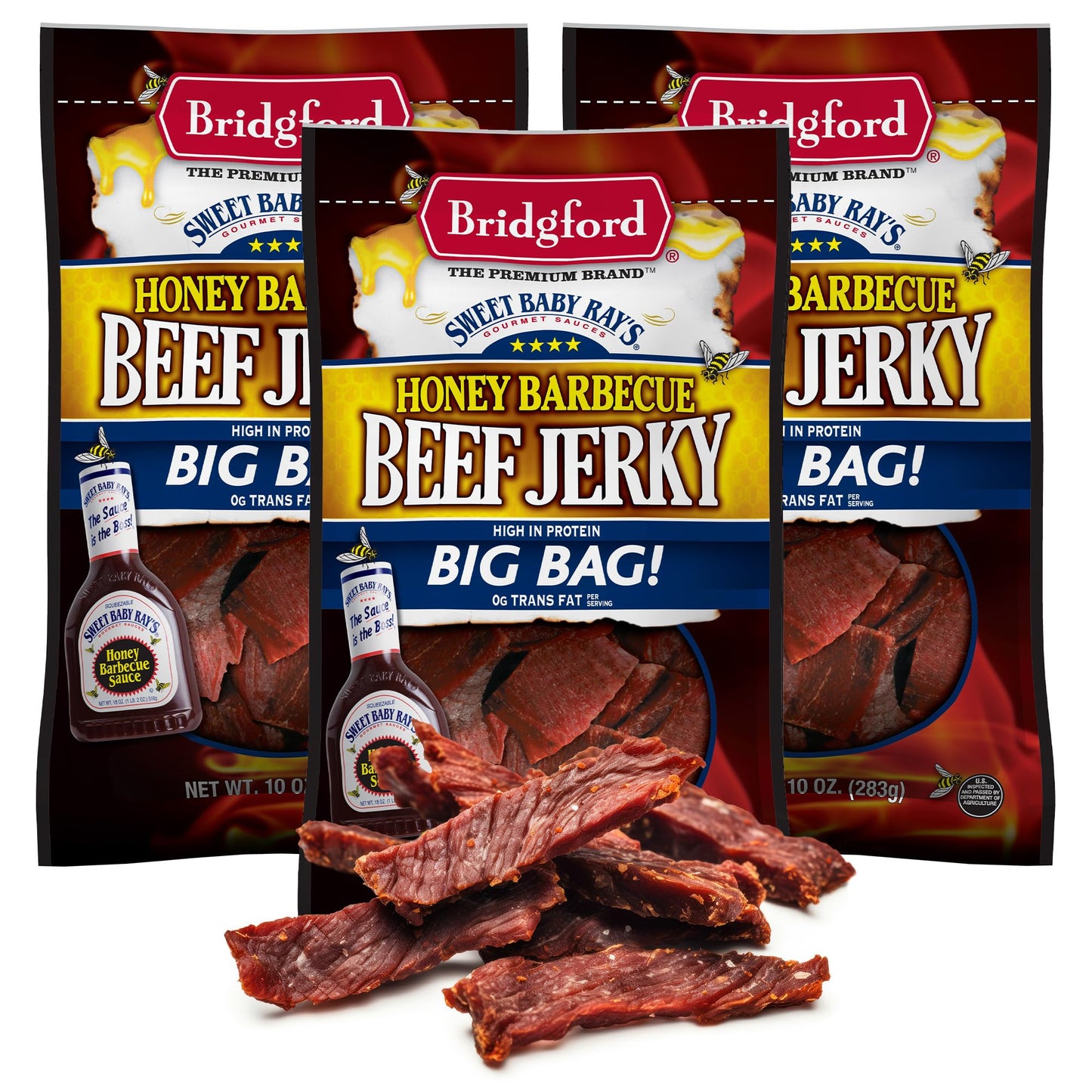 Bridgford Beef Jerky Honey BBQ - High Protein Snack - 10 oz Pack of 3