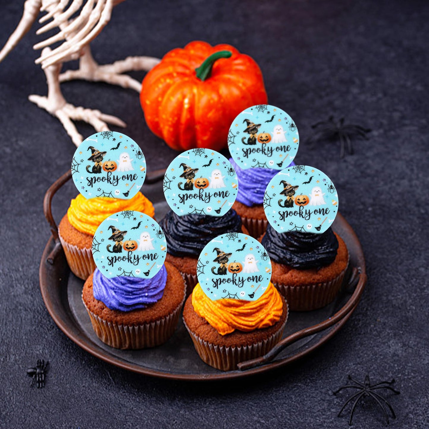 Ercadio 48Pcs Edible Halloween Cupcake Toppers - Cute Ghosts, Bats & Black Cats - Party Cake Decor - Blue