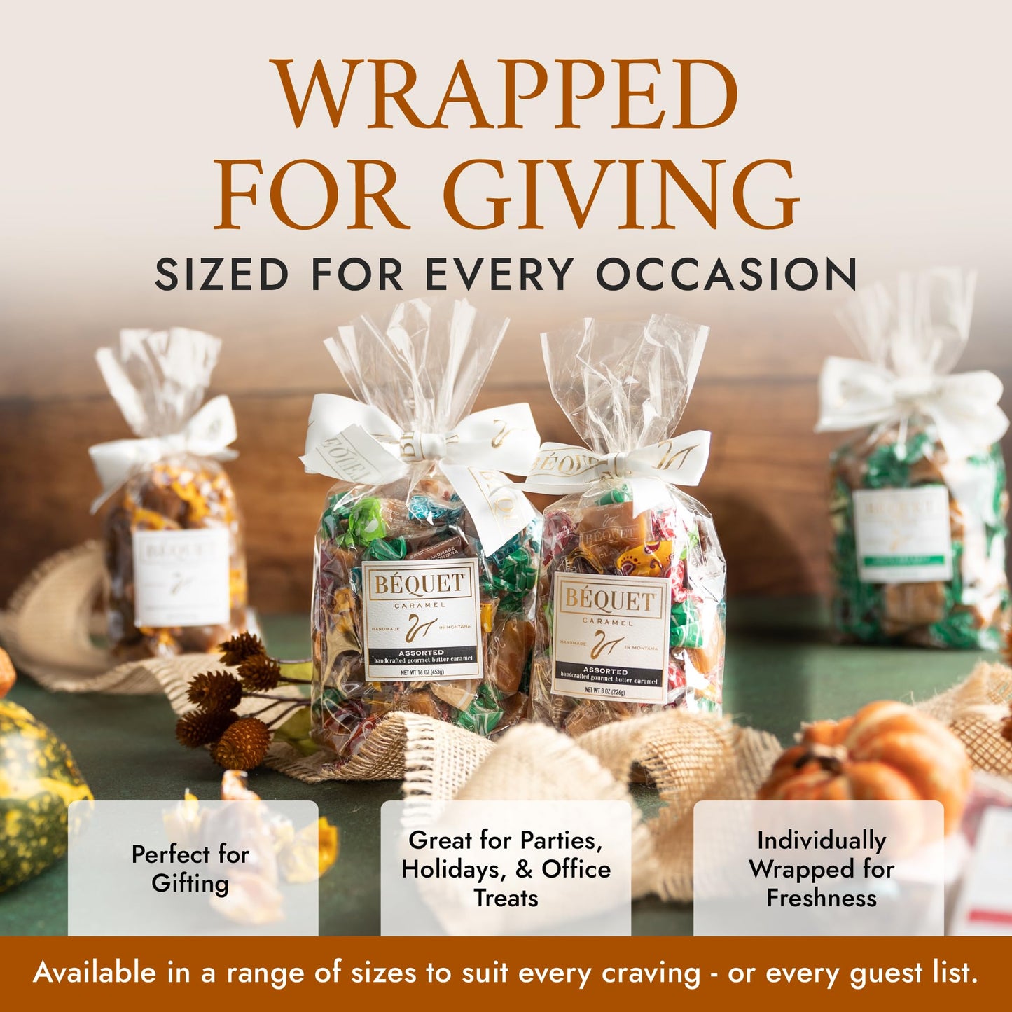Béquet Assorted Caramels - Gourmet Individually Wrapped Candy Variety Pack - Celtic Sea Salt, Salt Chocolate, Classic Vanilla, Butterscotch, Green Apple, Salted Mocha & Salted Butterscotch - 8 Oz Gift Bag