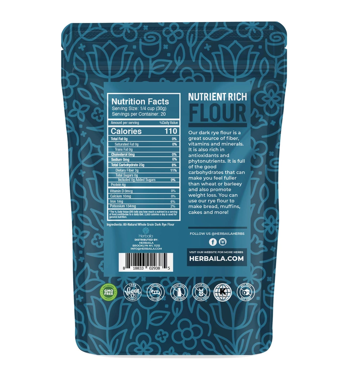 Rye Flour 2lb / 32oz, Dark Rye Flour for Bread, Pumpernickel Flour, Rye Bread Flour, Rye Flour for Baking, 100% Whole Rye Flour,