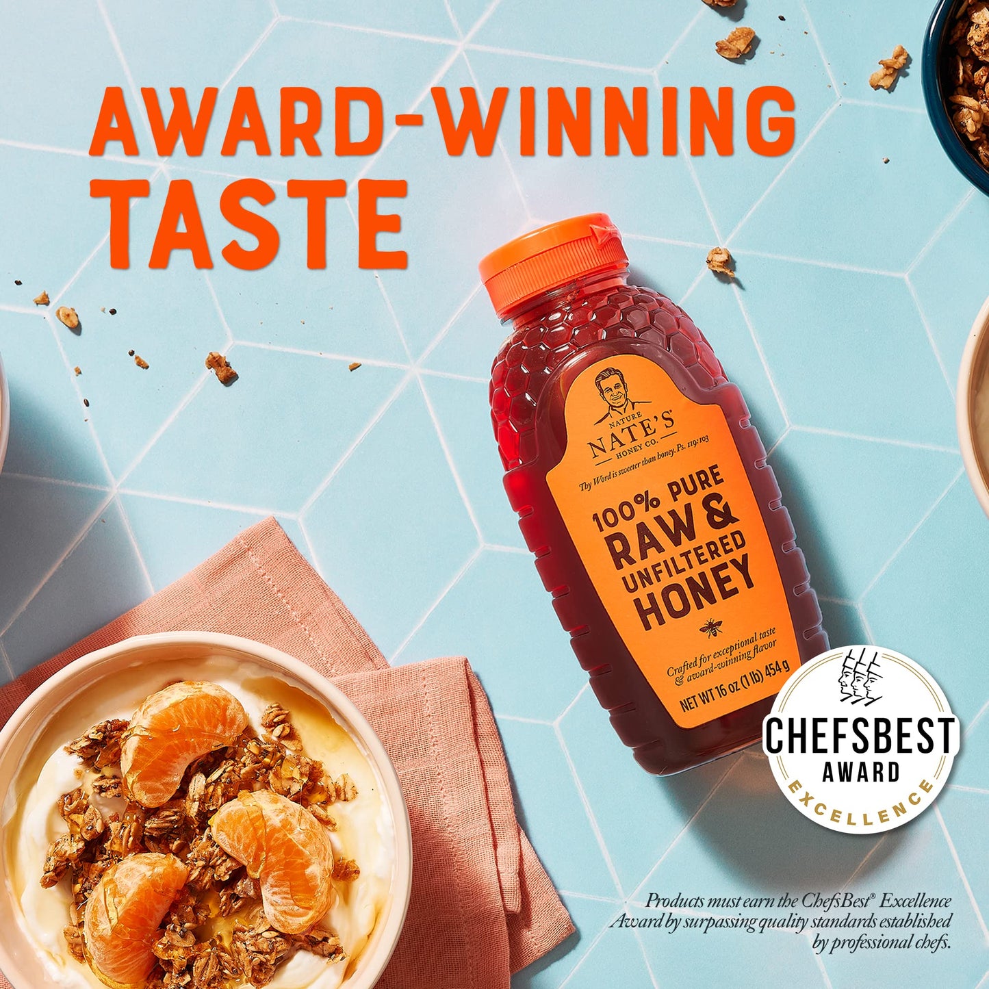 Nates 100% Pure, Raw & Unfiltered Honey - Award-Winning Taste, 16 oz. Squeeze Bottle