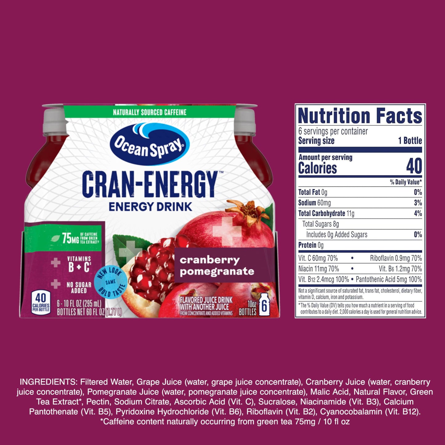 Ocean Spray Cran-Energy Cranberry Pomegranate Juice Drinks, 10 Fl Oz Bottles, 6 Count