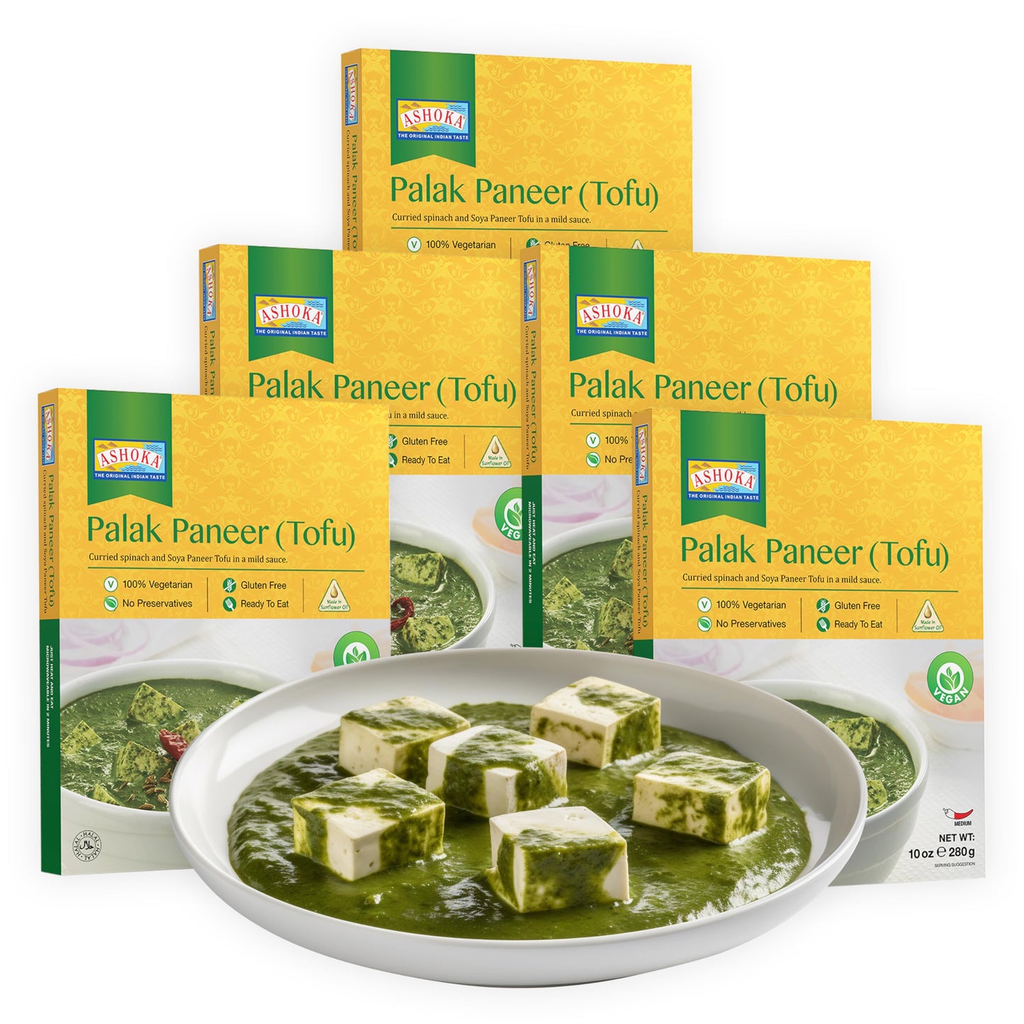ASHOKA Plant-Based Tofu & Spinach Curry, Ready to Eat, All-Natural, Kosher Certified, Pack of 5, 10 Ounce