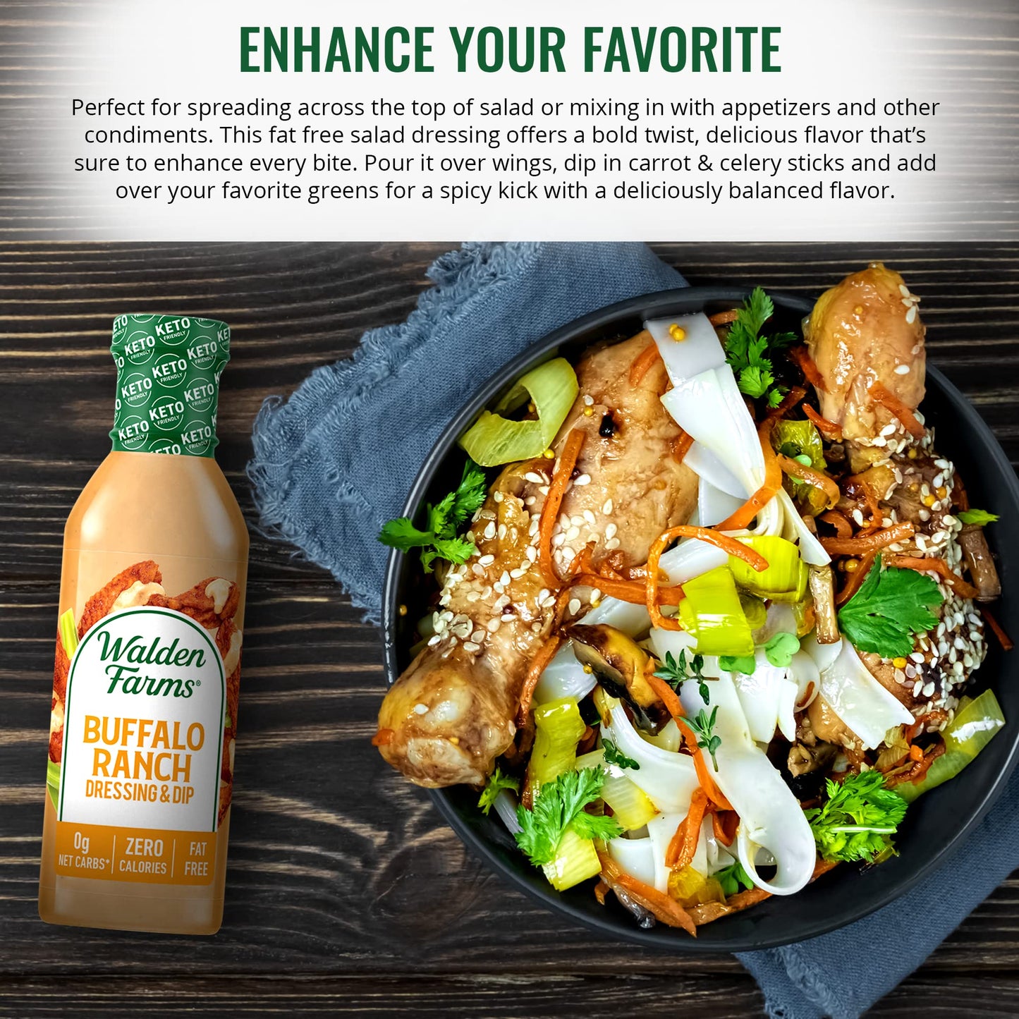Walden Farms Buffalo Ranch Dressing For Salad, Dip, Chicken, And Fresh Foods, 12 Oz. Bottle, Calorie, Gluten, And Fat Free, Vega