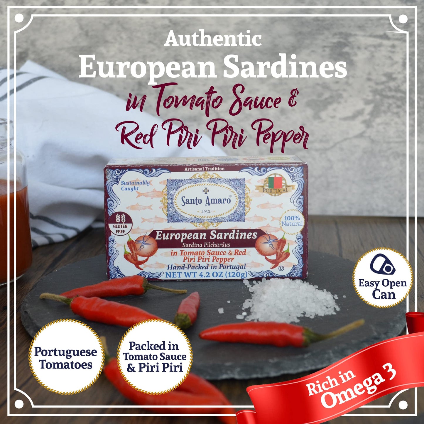 Santo Amaro Sardines in Tomato Sauce & Red Piri Piri, Hand-Packed Canned, 4.2 oz (Pack of 6), Low Mercury, 23g Protein