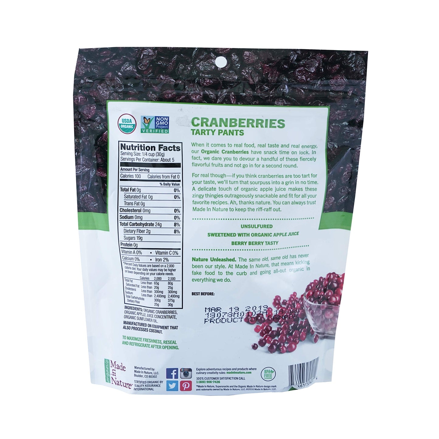 Made In Nature Organic Cranberries, Dried and Unsulfured, 5 Ounce Bag