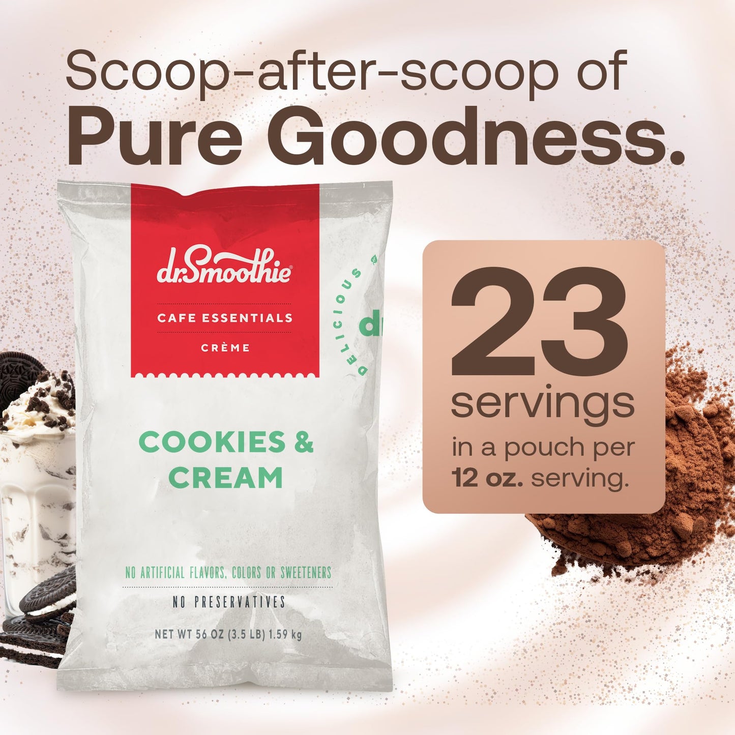 Dr. Smoothie Café Essentials Cookies & Cream Frappe Mix - Caffeine-Free, No Artificial Colors or Flavors, 3.5 lb Bag
