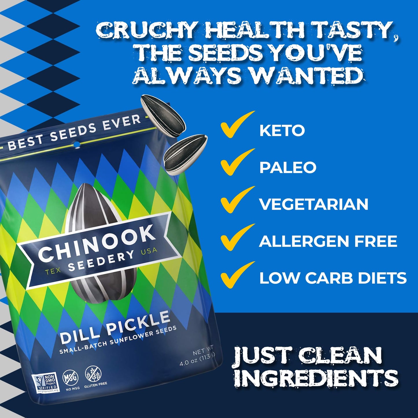 Chinook Seedery Roasted Jumbo Sunflower Seeds - Keto Snacks, Gluten-Free, Non-GMO, Dill Pickle Flavor 4 oz (12-Pack)