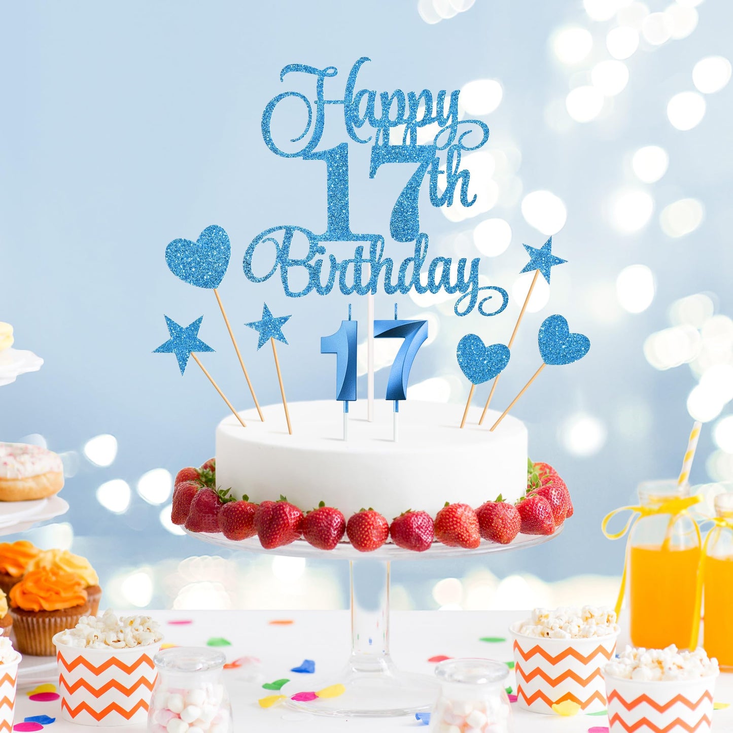 Lecferrarc 17th Birthday Cake Decorations Set, Blue Glitter Cake Toppers and Candles